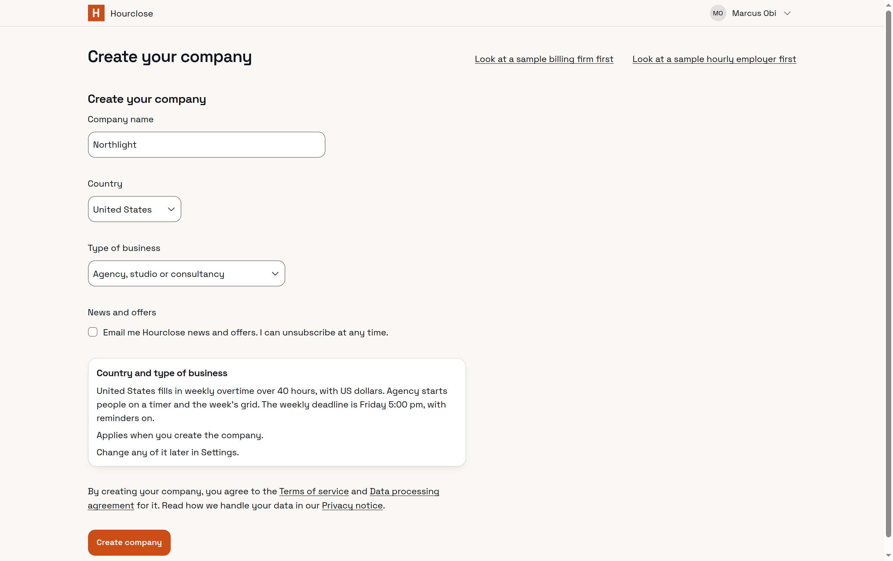 Create your company: name Northlight, country United States, type of business agency, studio or consultancy, with what the country and type fill in.